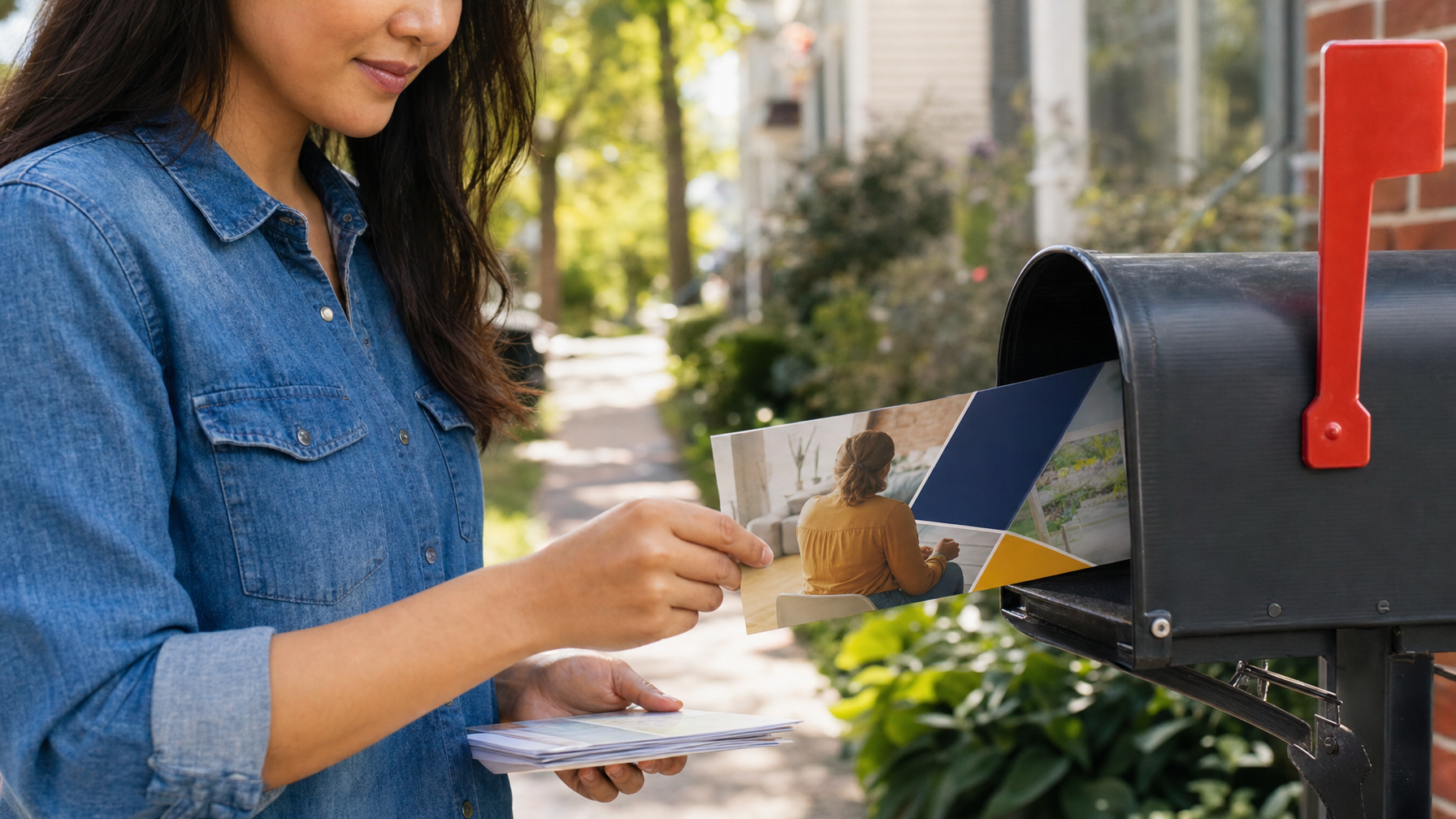 A woman slides a colorful postcard into a black curbside mailbox while holding a stack of mail on a residential sidewalk.
