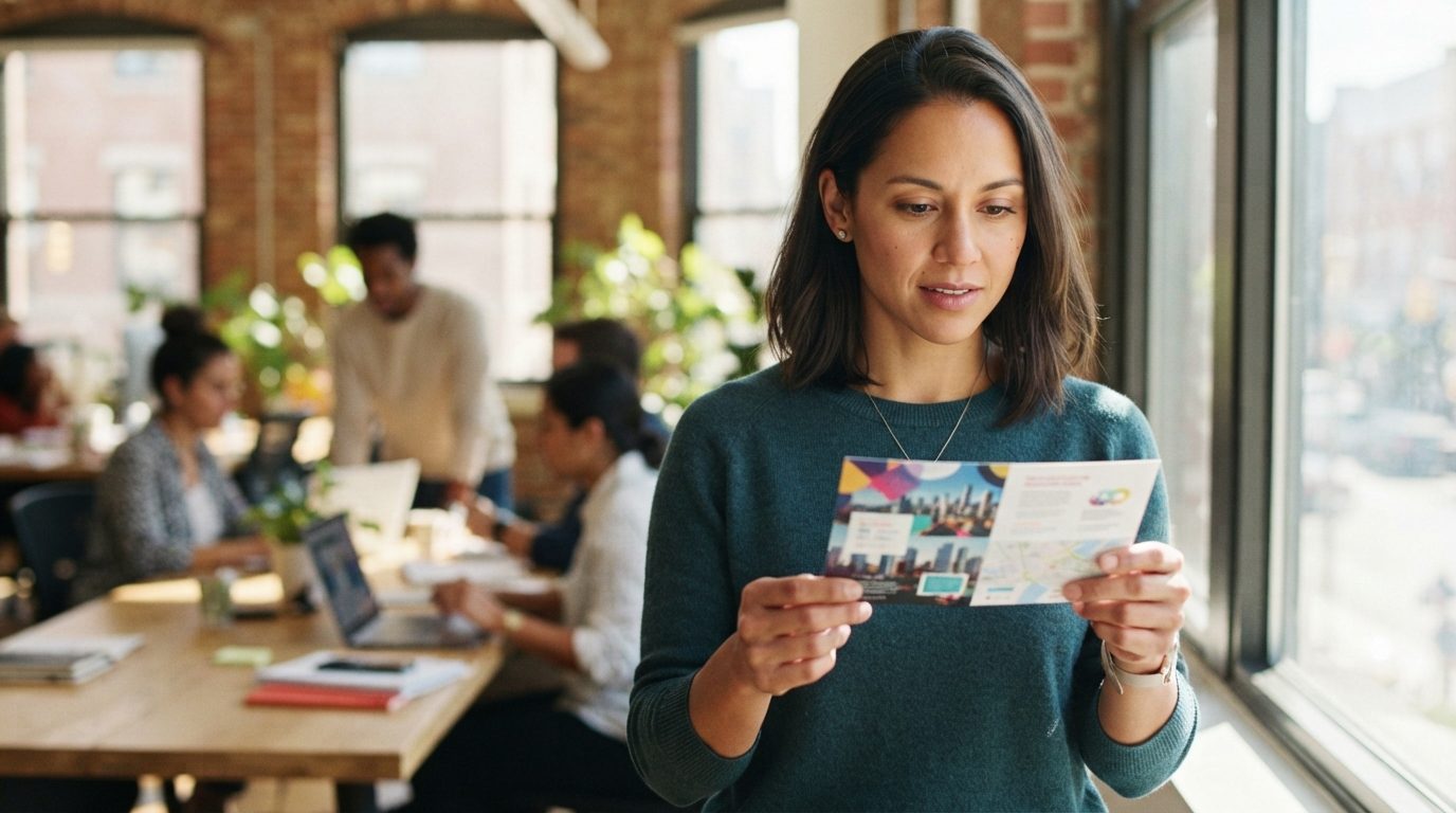 A person holds a colorful postcard beside tall windows in a bright office or cafe, with several people gathered around a table in the background.