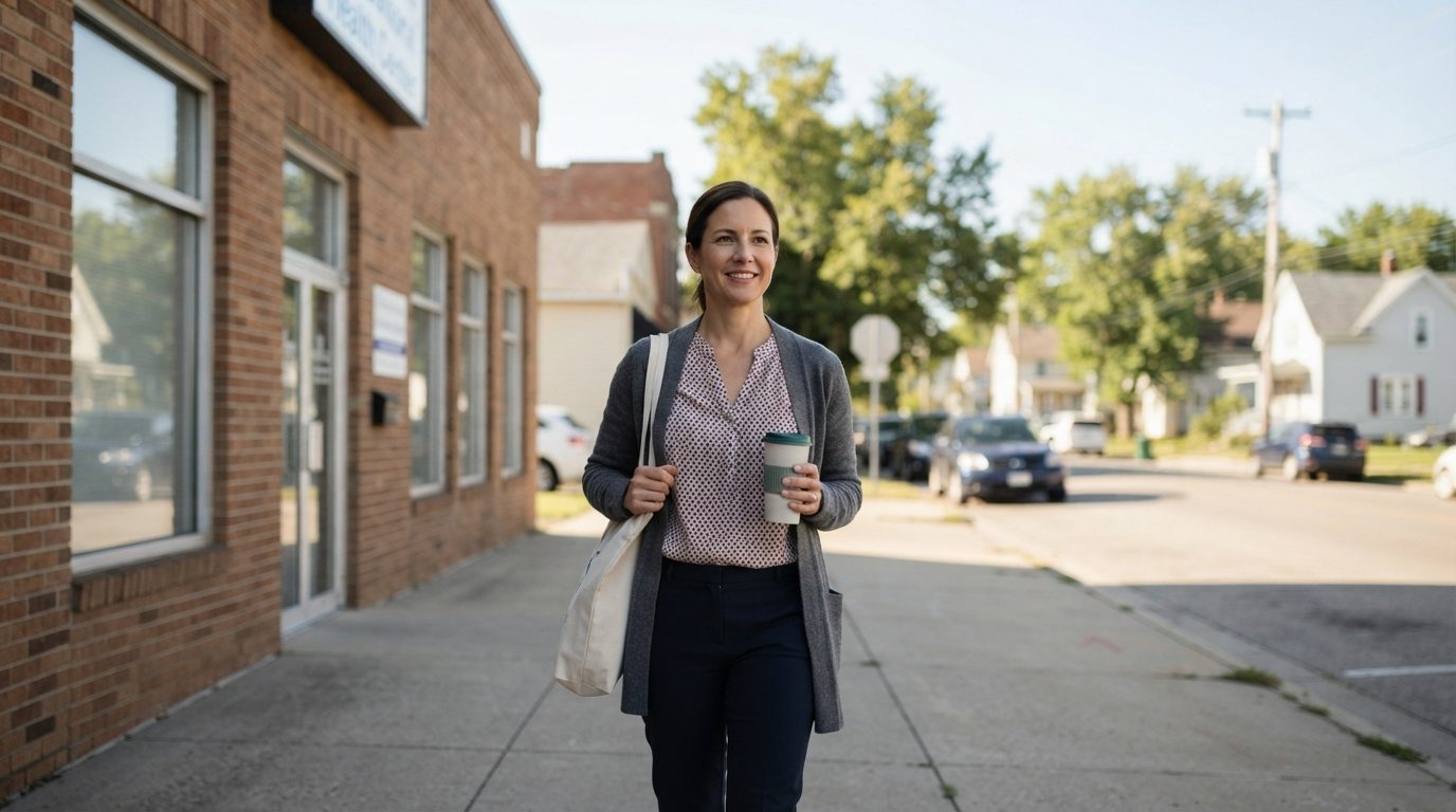 A person carrying a tote bag and a takeaway cup walks along a sidewalk beside a brick building on a quiet residential-commercial street.