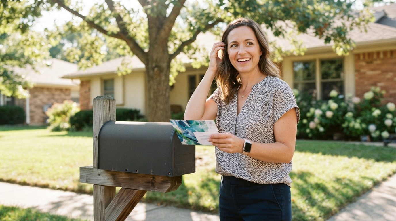 A woman holds a colorful postcard beside a curbside mailbox in front of a suburban house.
