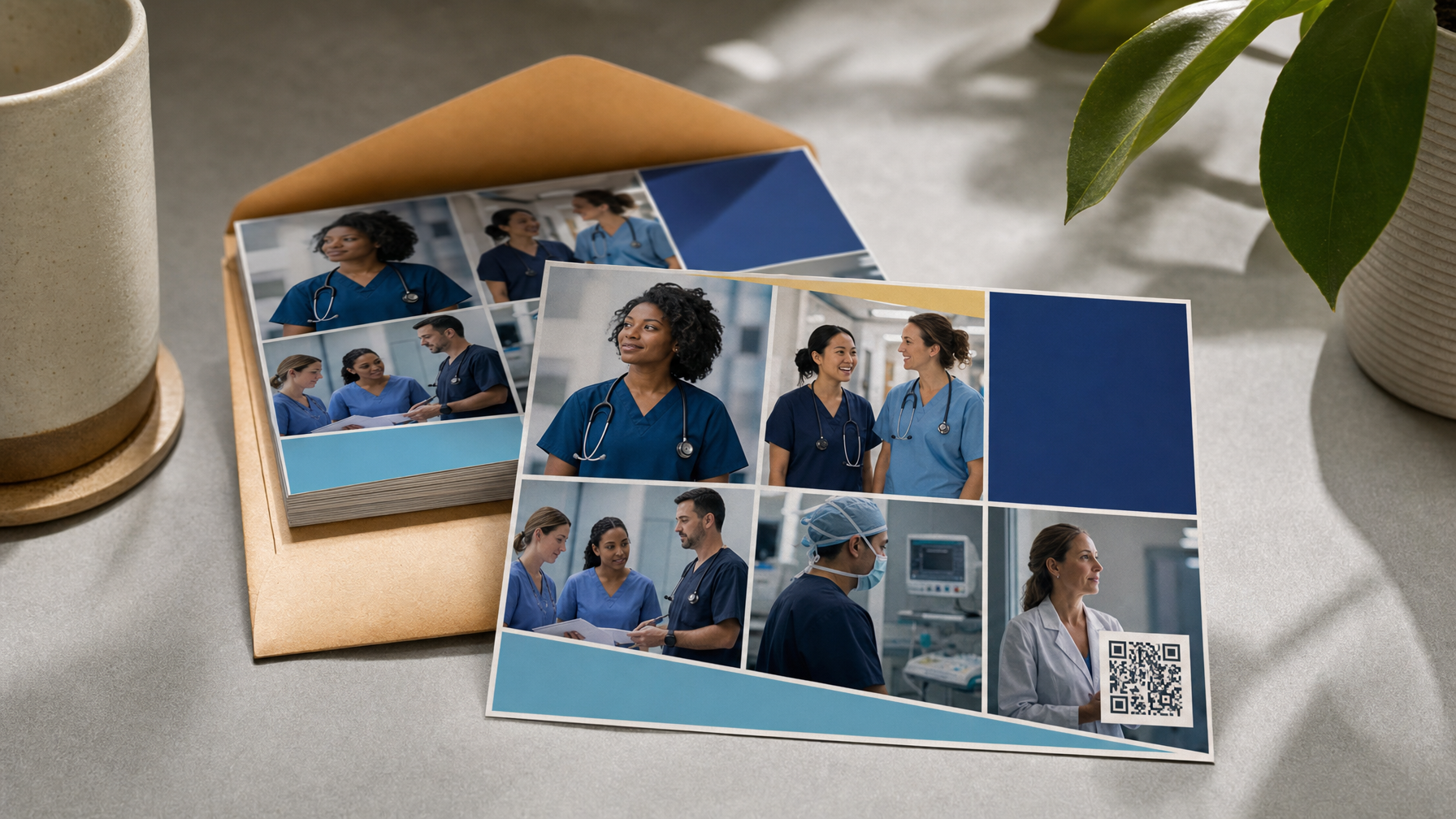 A stack of postcards featuring people in medical attire, blank blue panels, and a QR code rests on a tan envelope beside cups and a potted plant.