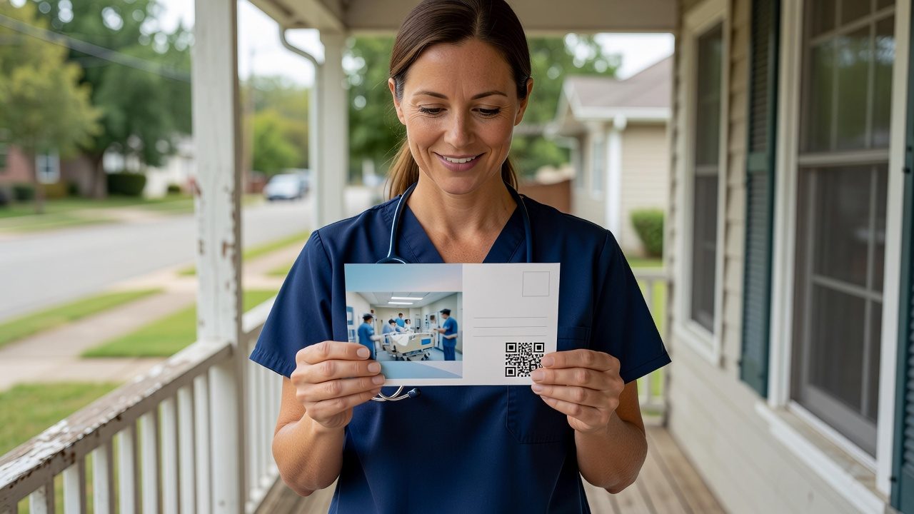 A nurse in scrubs and a stethoscope holds a postcard with a hospital scene and QR code on a residential porch.