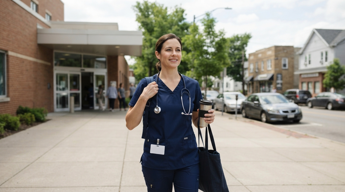 A clinician in navy scrubs with a stethoscope around her neck leaves a brick medical building, coffee and tote bag in hand, walking the sidewalk of an ordinary small-town main street of storefronts, parked cars and shade trees.