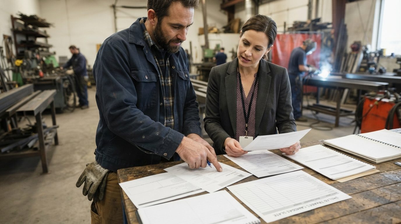 A person in protective workwear and a suited colleague review paperwork at a workbench in a bright metalworking workshop.