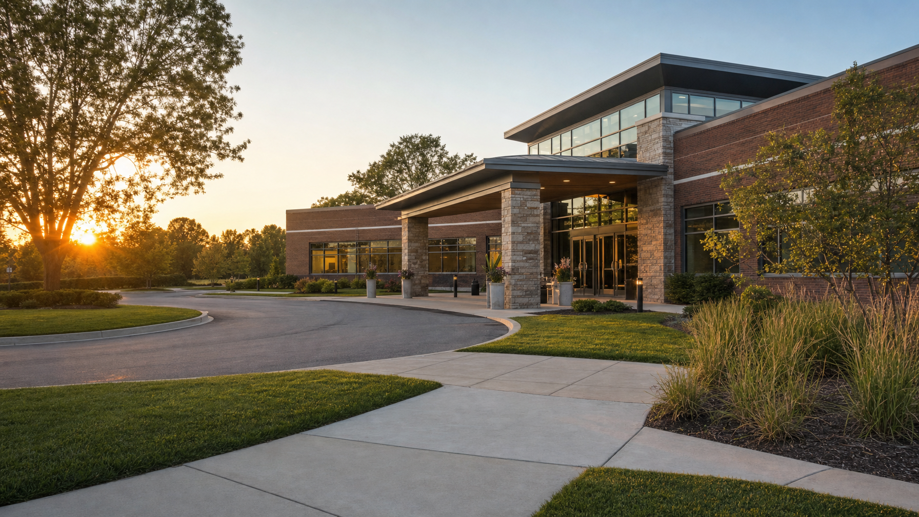 A modern brick institutional building with a covered entrance, landscaped grounds, sidewalks, and a driveway at sunset.