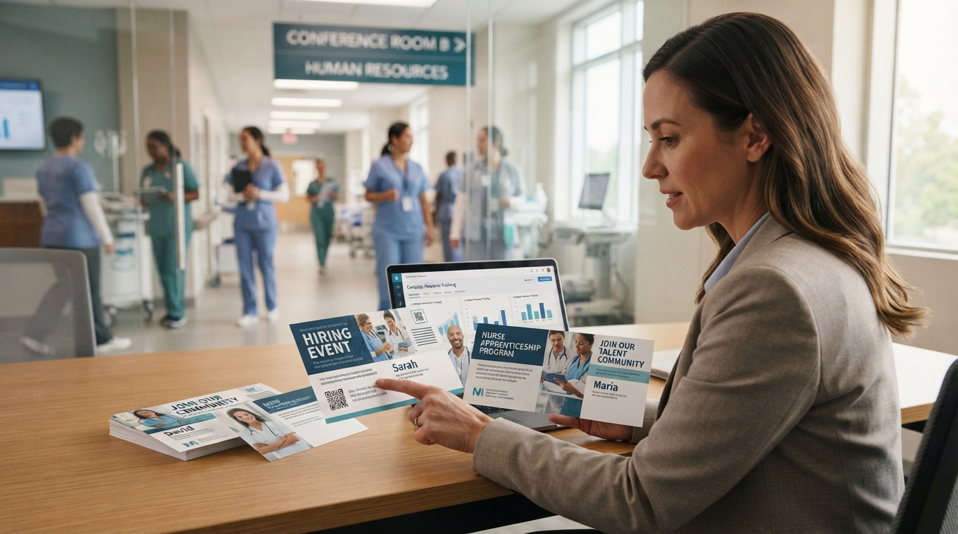 A talent-acquisition professional at a hospital desk reviews printed recruiting cards for a hiring event, a nurse apprenticeship programme and a talent community, with a campaign dashboard on a laptop beside her and clinical staff in the corridor behind.
