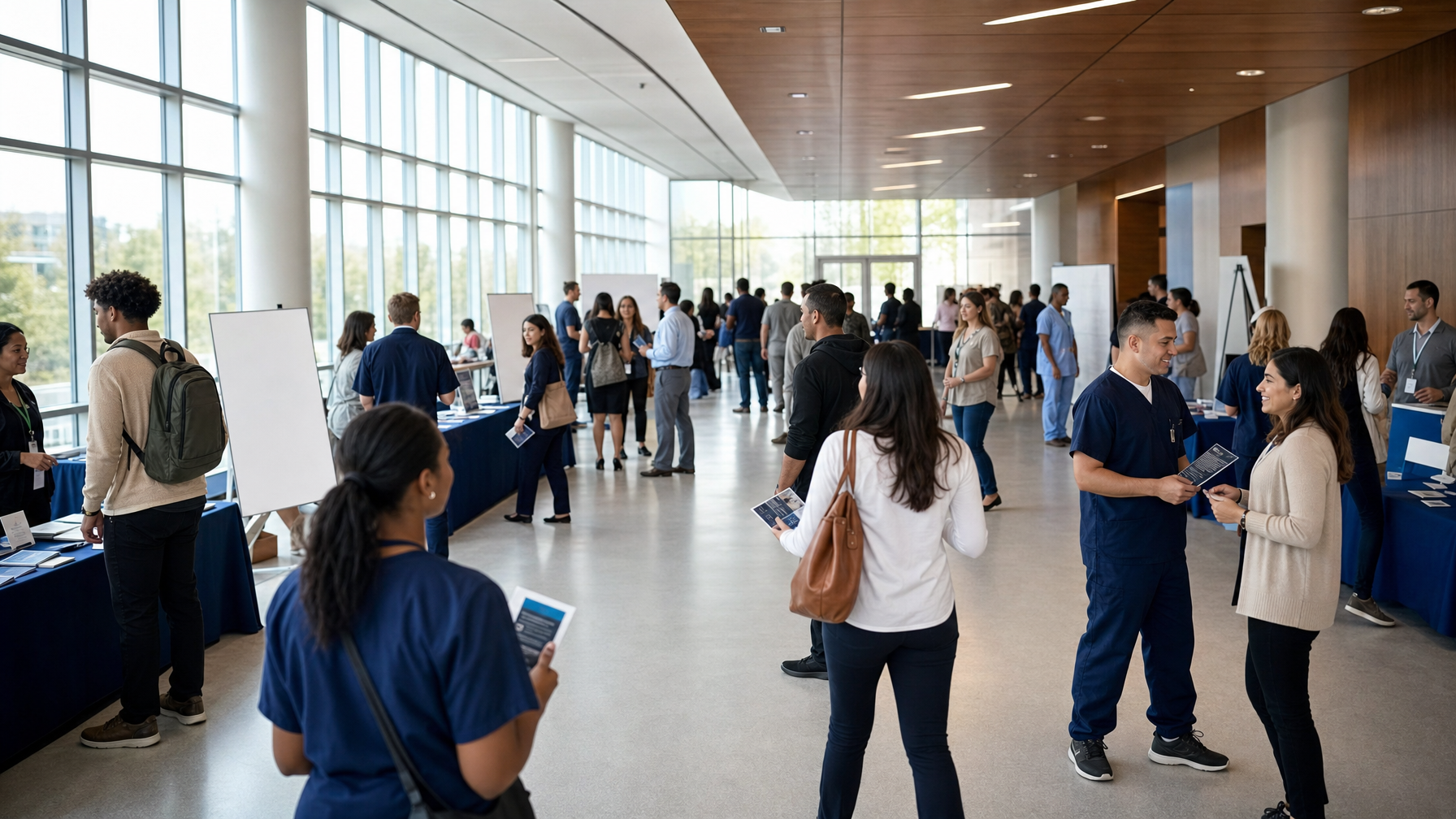 People browse information tables and talk with exhibitors at a busy event in a bright, window-lined hall.