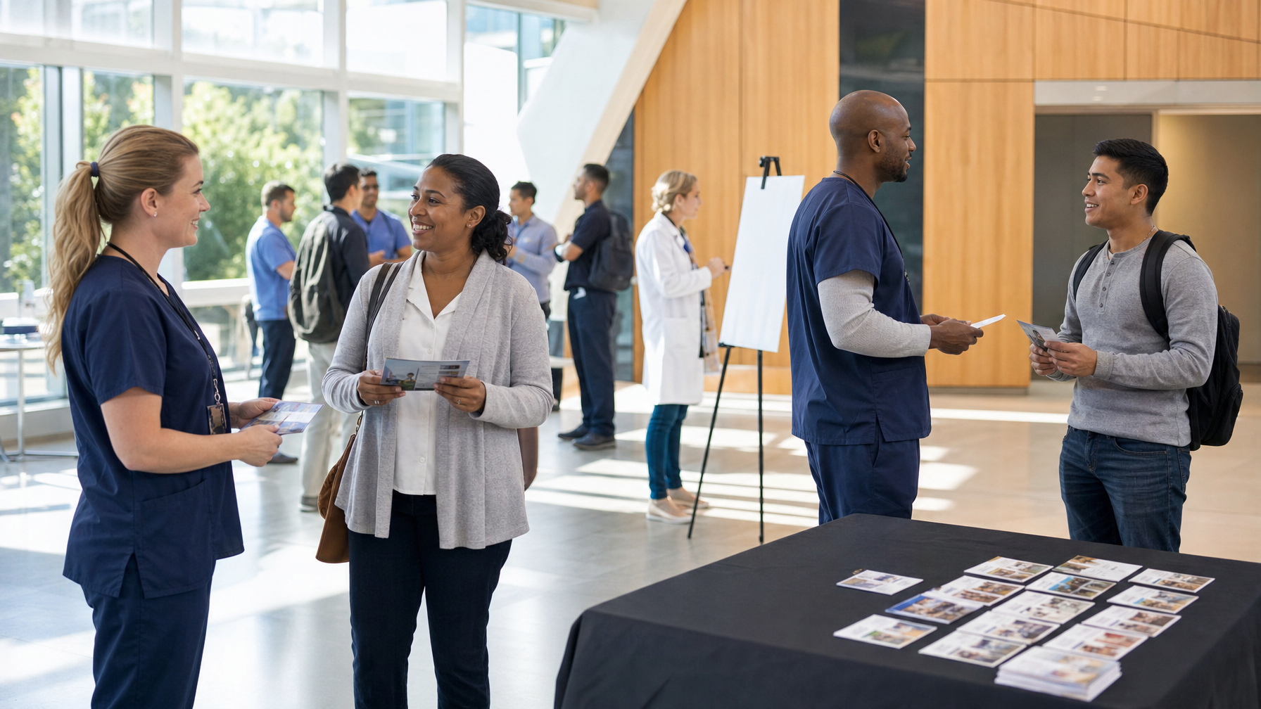 People exchange brochures at a busy professional event in a bright building lobby, while a nearby table displays more printed materials.
