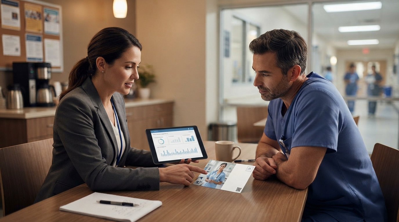 A woman in a grey blazer shows a tablet of charts to a man in blue scrubs at a table in a hospital break area, a recruiting postcard on the table.