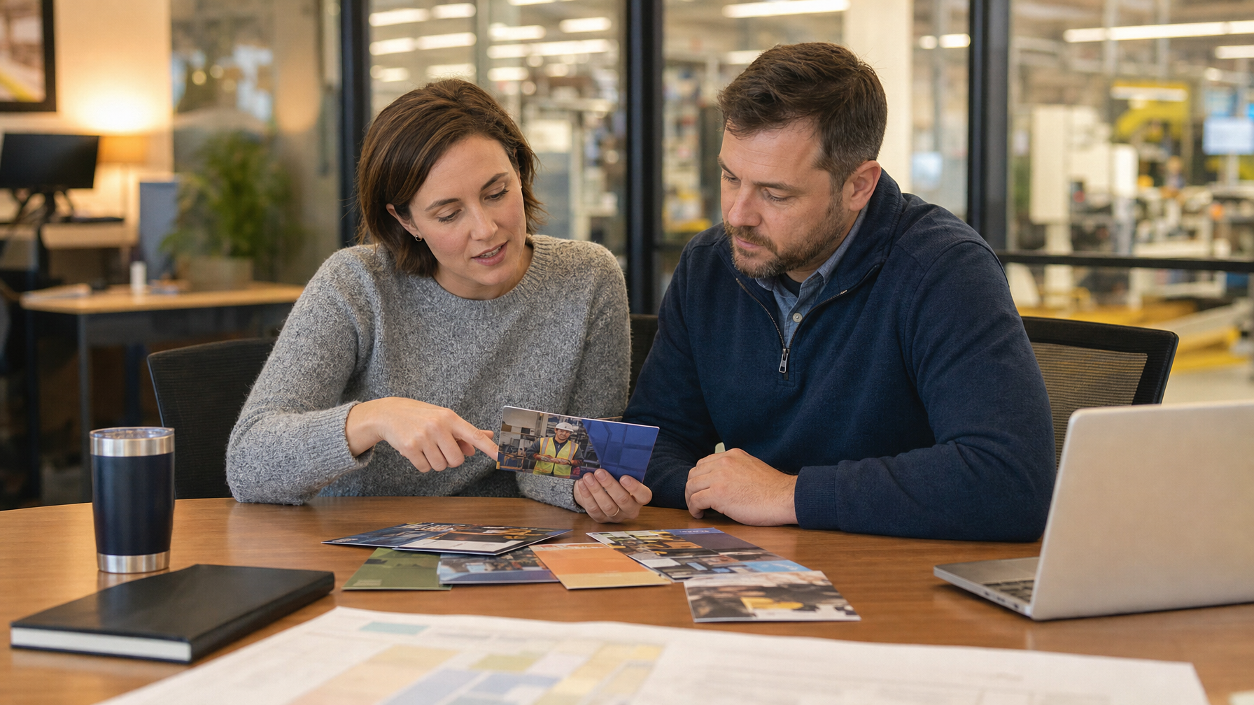 Two people review printed materials at a table in an office beside a visible industrial workspace, with a laptop, notebook and travel mug nearby.