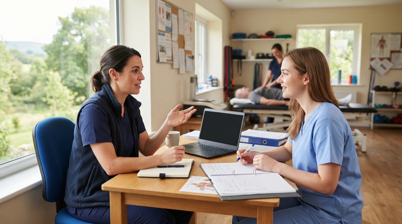 Two healthcare workers discuss paperwork at a desk in a bright rehabilitation clinic, while another worker treats a person in the background.