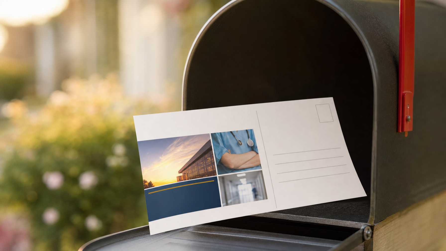 A designed postcard rests in the open slot of a black mailbox, displaying photos and blank address lines, with a blurred garden behind it.