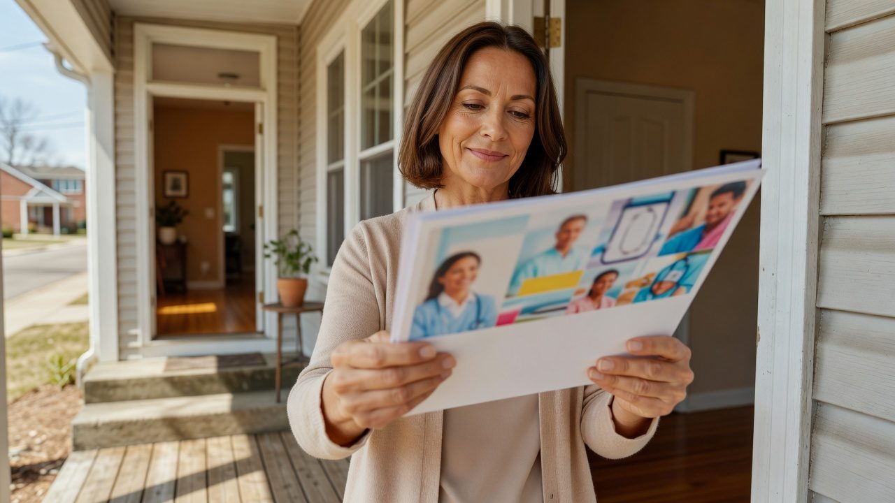 A woman reads an illustrated printed mailer while standing in the doorway of a suburban home.