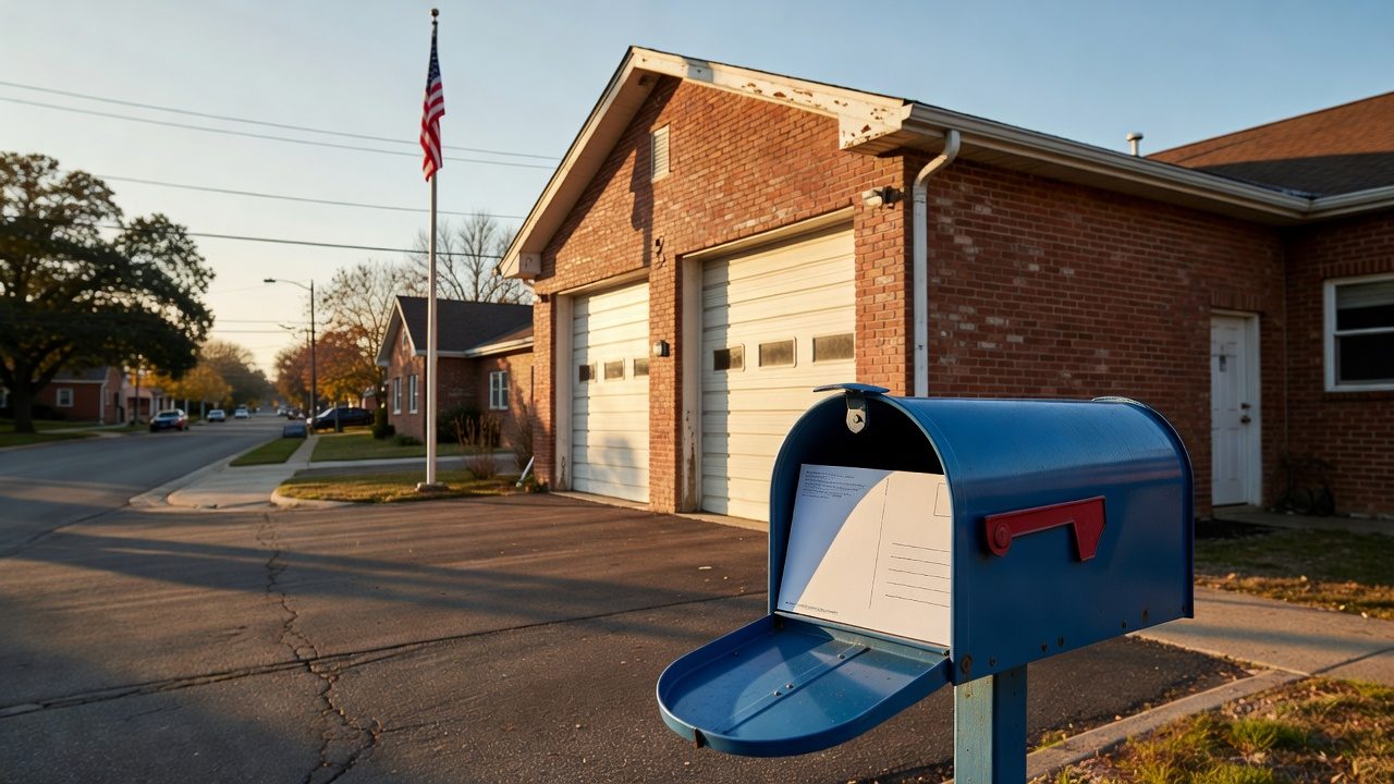 An open blue mailbox stands outside a brick building with two garage doors on a quiet residential street.