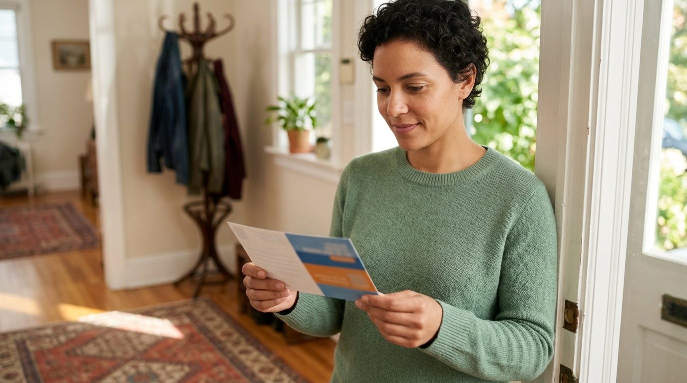 A person in a green sweater reads a colorful postcard while standing in a bright home entryway.