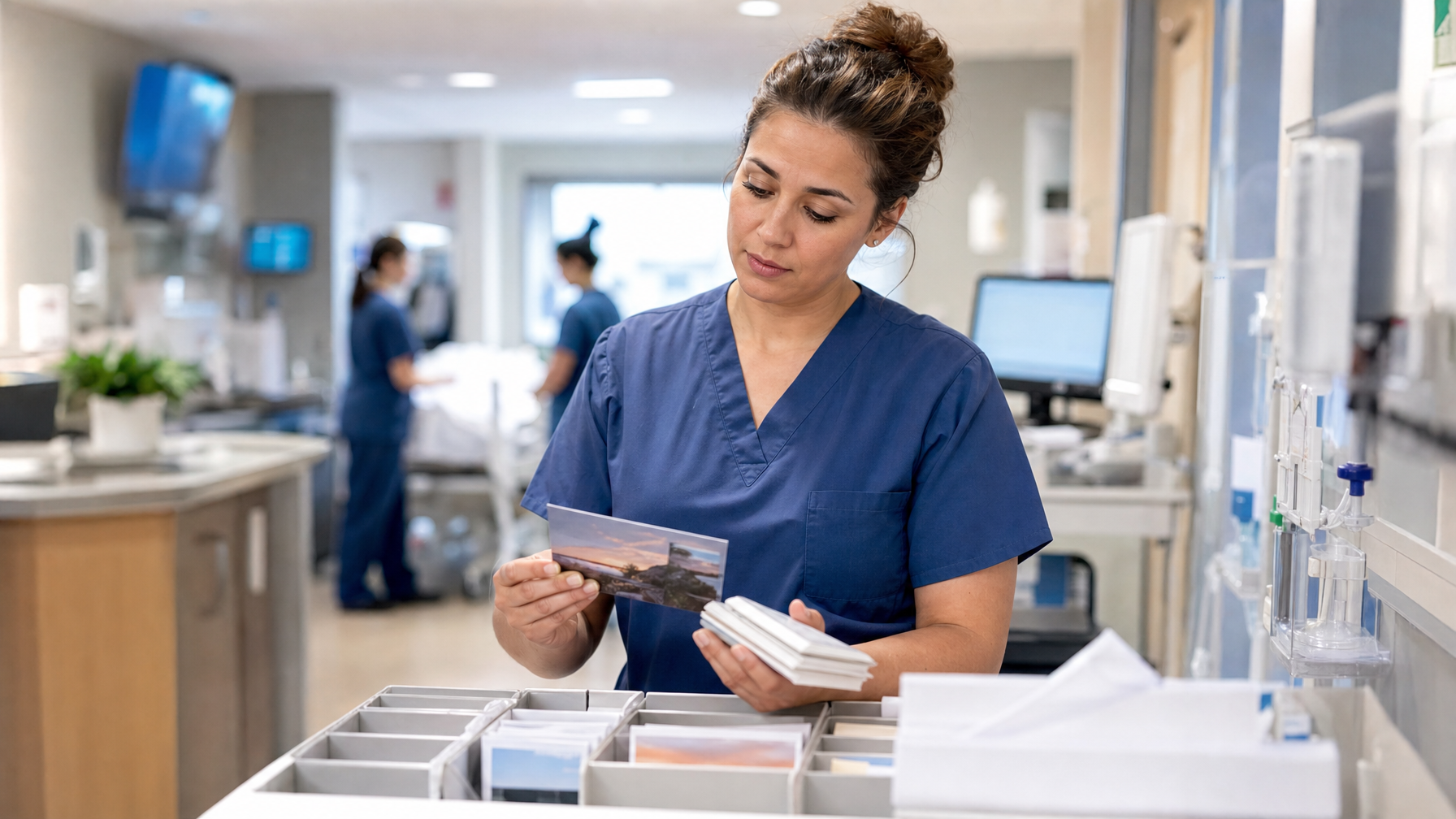 Healthcare worker in blue scrubs sorts printed cards beside a supply cart in a clinical workspace, with medical equipment and other staff in the background.