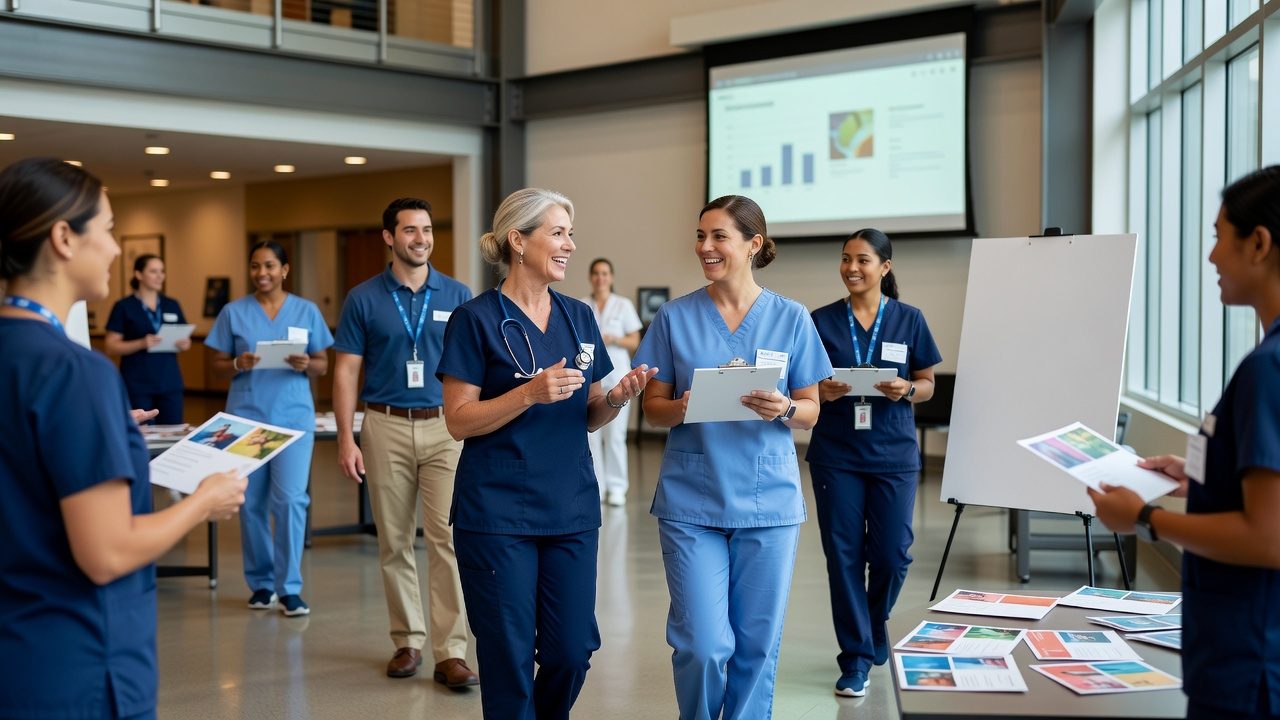 Healthcare workers in scrubs and badges gather around presentation materials in a bright lobby, with a projection screen, easel, and tables of printed handouts.