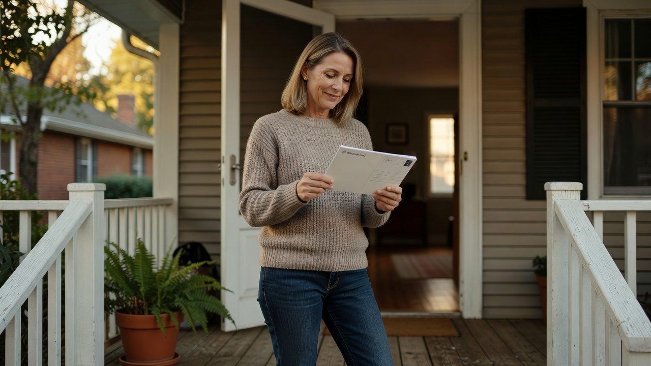 A woman examines a mailed envelope while standing on the porch of a house.