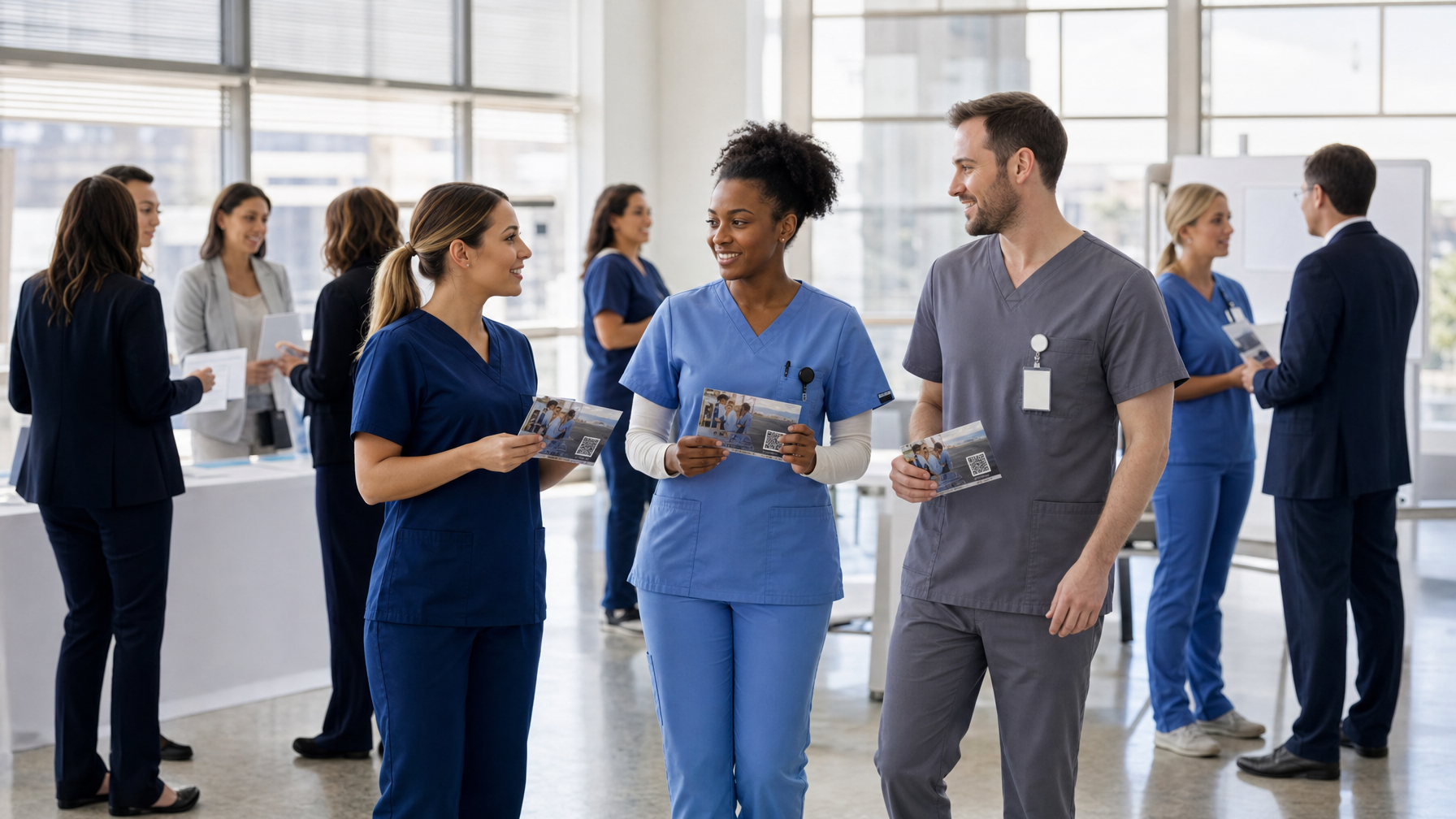 Healthcare workers in scrubs hold flyers and talk with colleagues in a bright medical lobby.