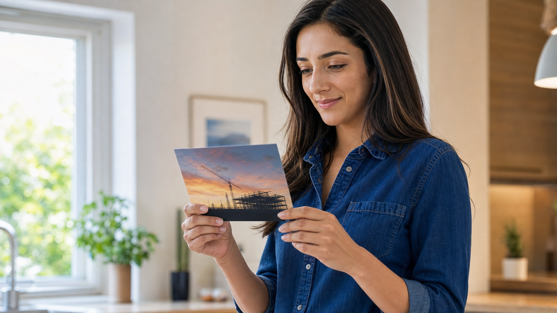 A woman examines a postcard showing a construction site with cranes in a bright home interior.