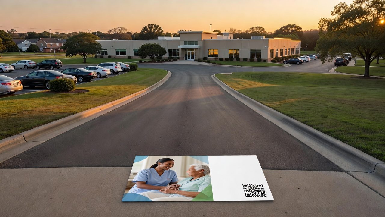 A printed card showing a caregiver assisting an older adult and a QR code lies on a driveway outside a large commercial building at sunset.