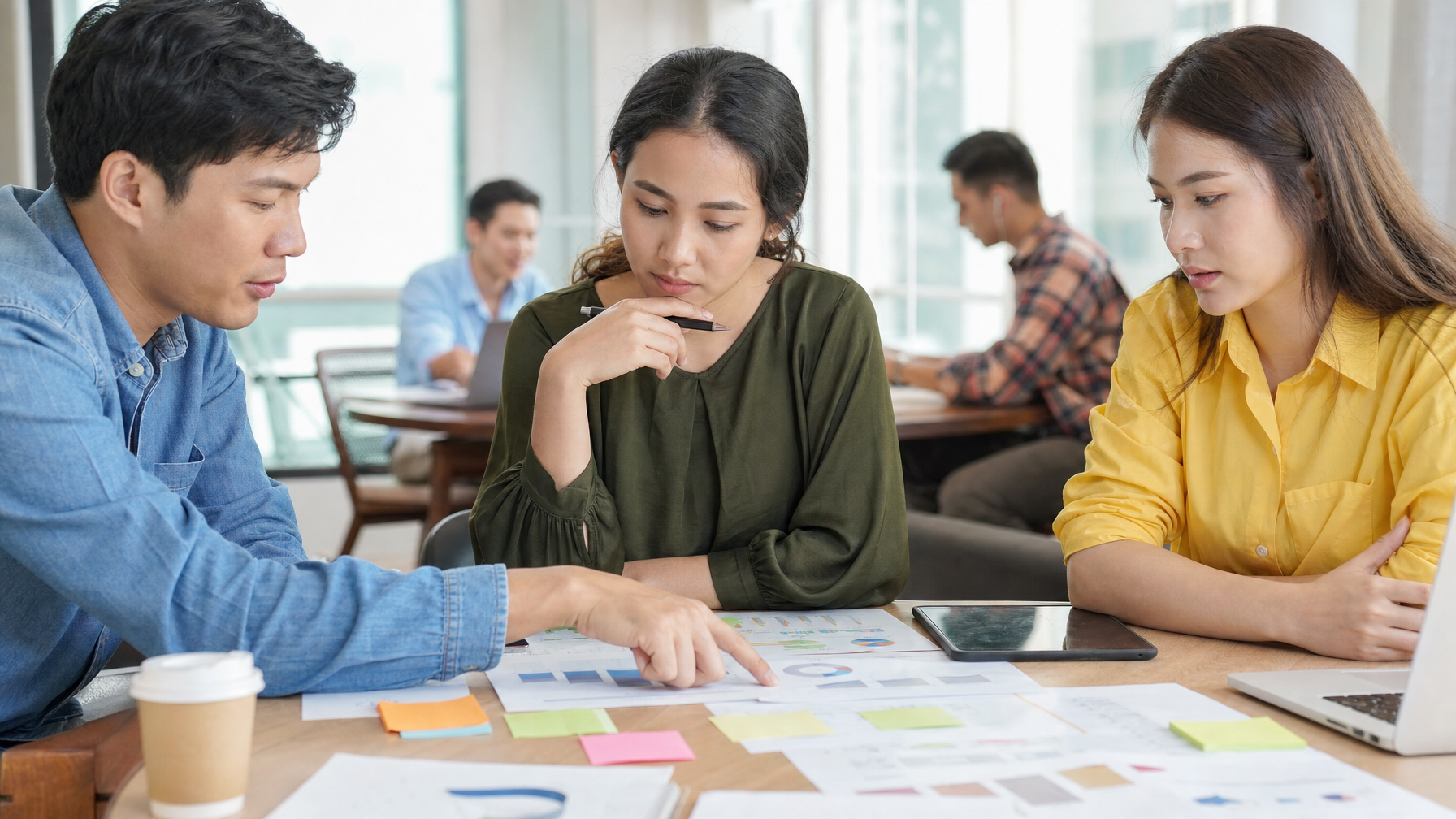 Three people discuss printed charts and notes around a table in a bright office, with a tablet, laptop, and two colleagues working in the background.