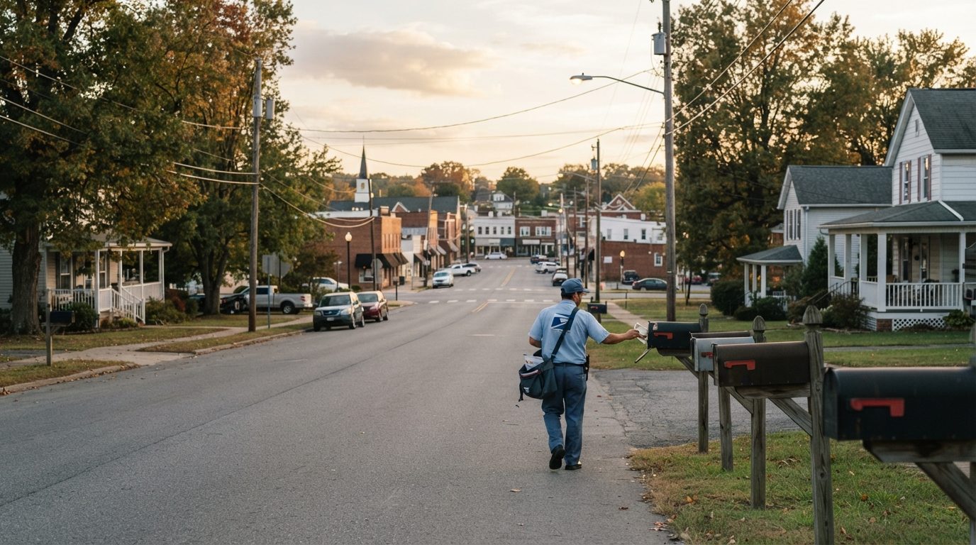 A mail carrier wearing a uniform with an unreadable logo walks along a residential street while reaching toward a row of curbside mailboxes.
