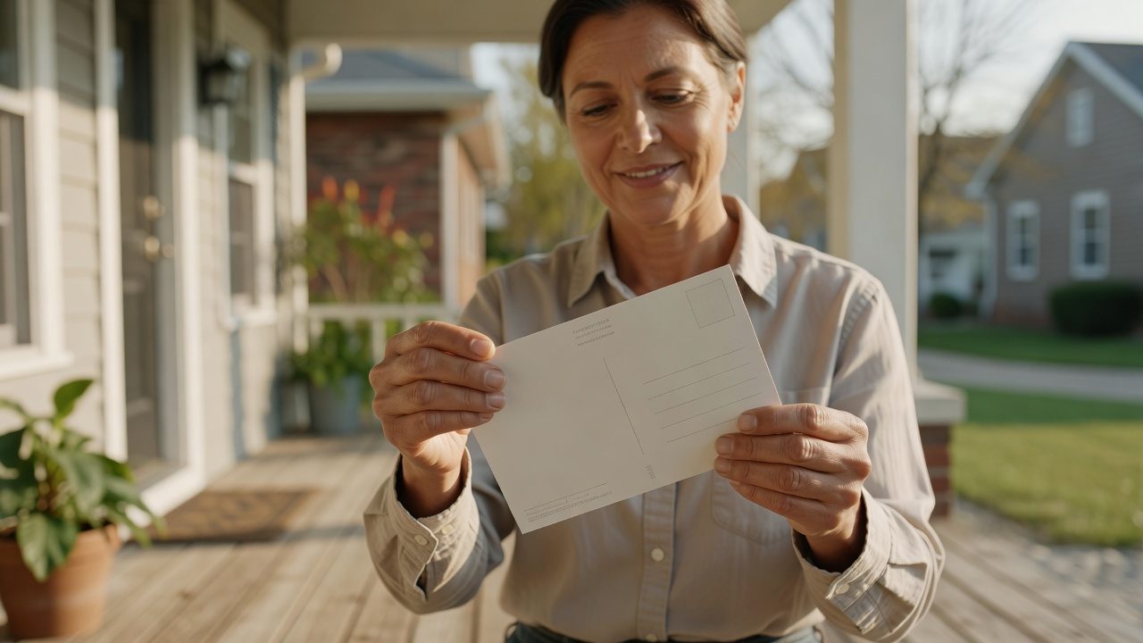 A woman holds a postcard on a house porch, with neighboring homes and a lawn behind her.