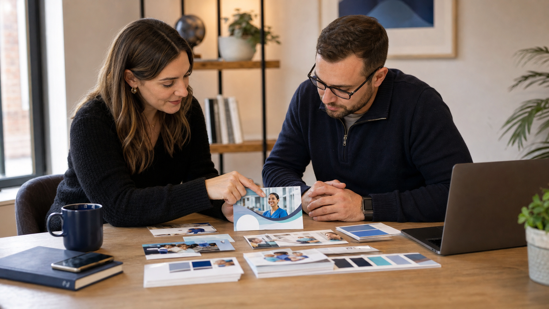 Two people review printed brochures and sample cards at a desk with a laptop in an office.