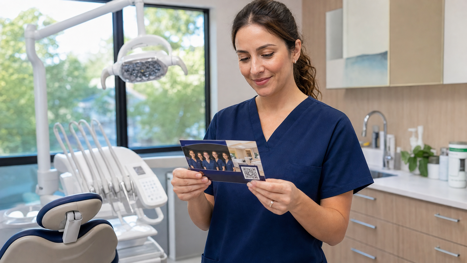 A person in navy scrubs holds a printed card with photographs and a QR code in a bright dental treatment room.