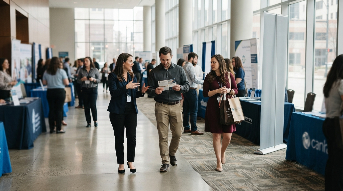 People walk through a bright indoor career fair lined with tables and display banners; a man reads a printed card while two women walk beside him.