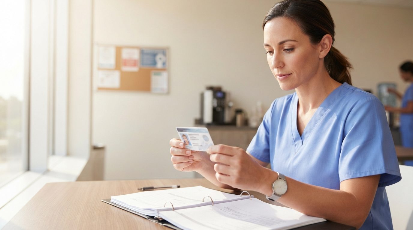 A person in blue scrubs examines an identification card over an open binder at a sunlit desk in a clinical room.