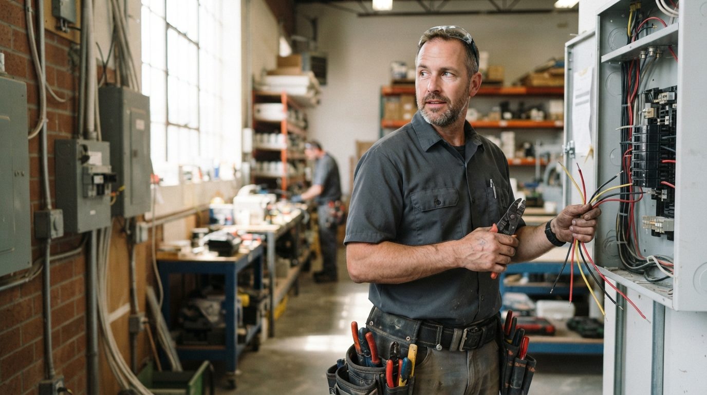 An electrician uses pliers while wiring an open electrical panel in a bright workshop.