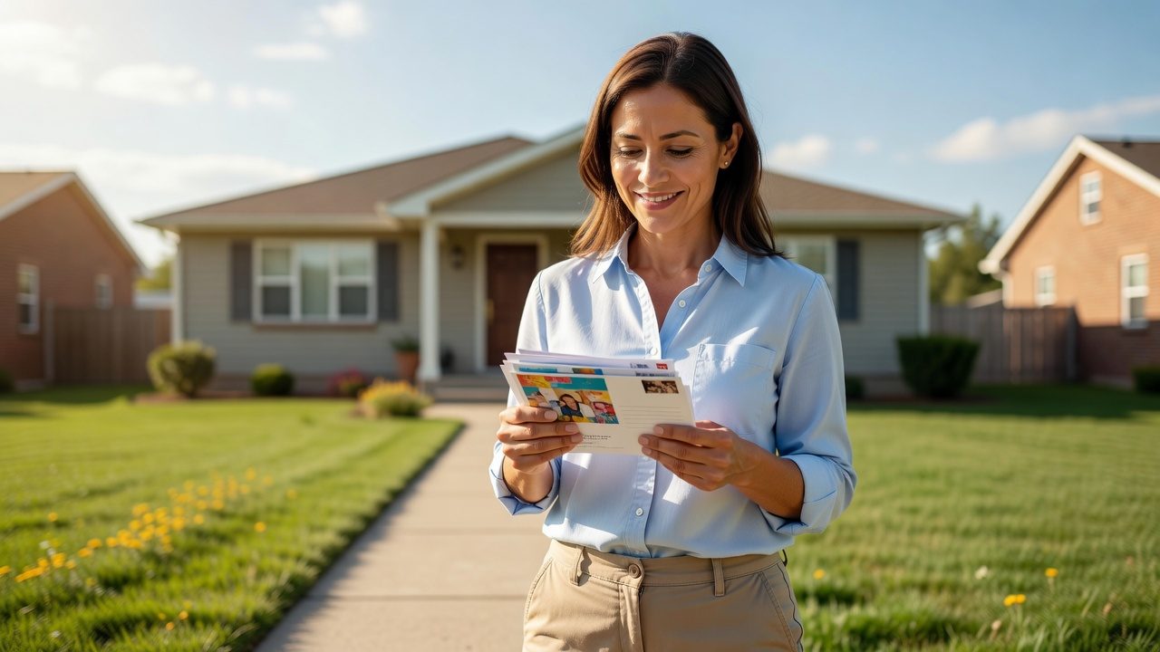 A person holds a stack of printed mailers while standing on a sidewalk in front of suburban houses.