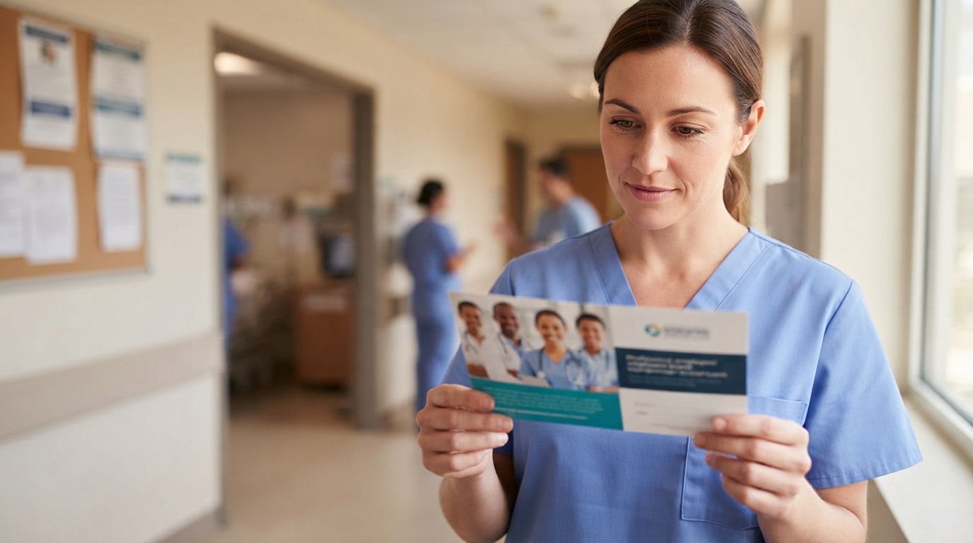 A person in blue medical scrubs reads a brochure in a hospital corridor, with other staff members blurred in the background.