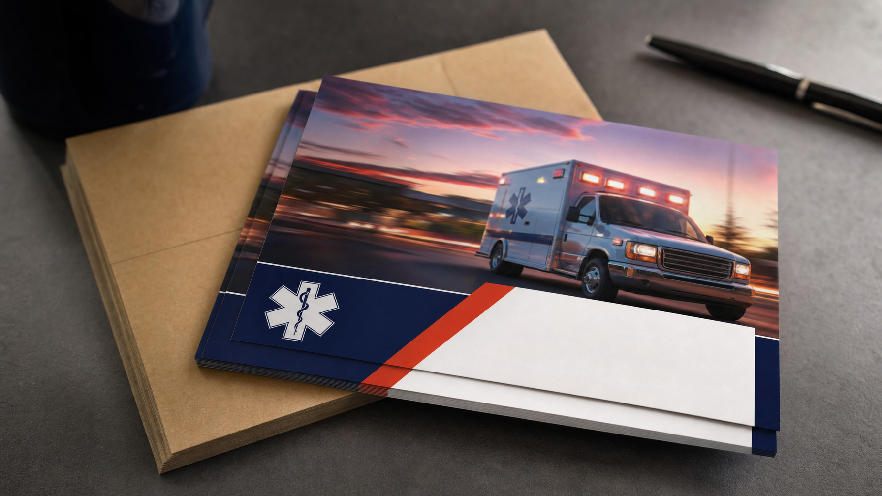 A stack of ambulance-themed postcards and envelopes rests on a dark desk beside a pen and mug.