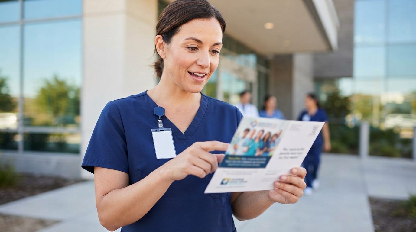A healthcare worker in navy scrubs points at a printed postcard outside a modern building, with other people blurred in the background.