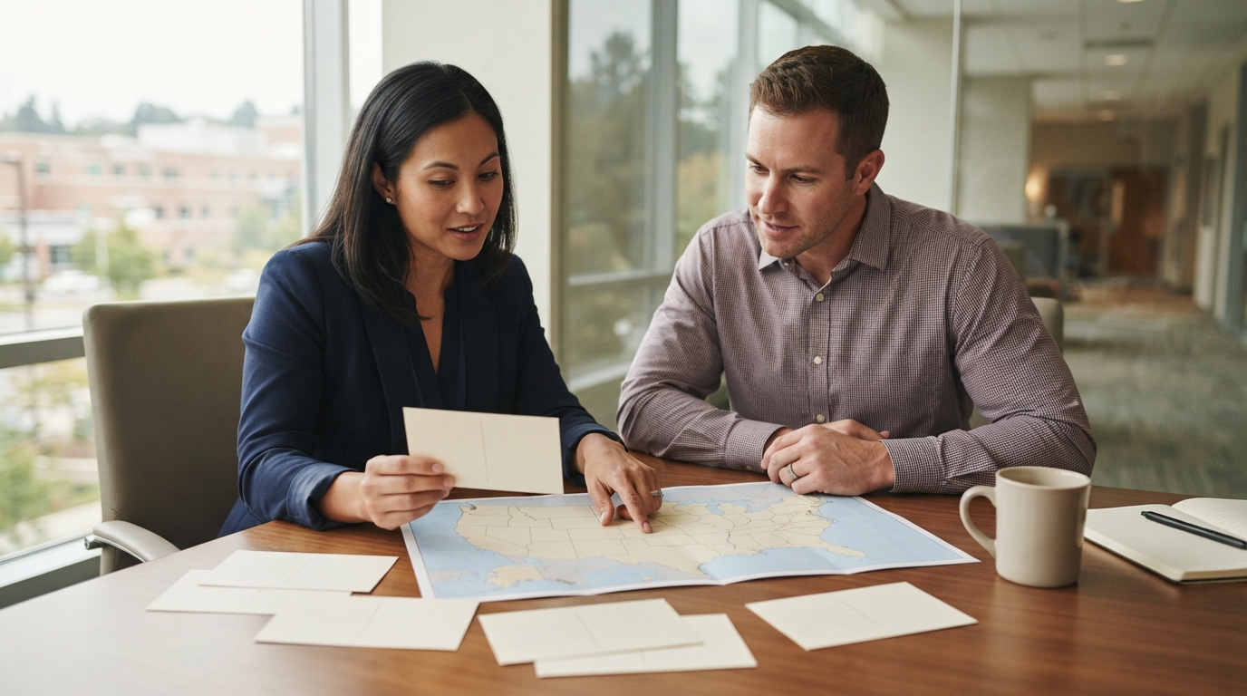 Two colleagues sit together at a conference table studying an unlabelled paper map of the United States, one of them pointing to a location while the other holds a plain unprinted card, with more blank cards spread across the table.