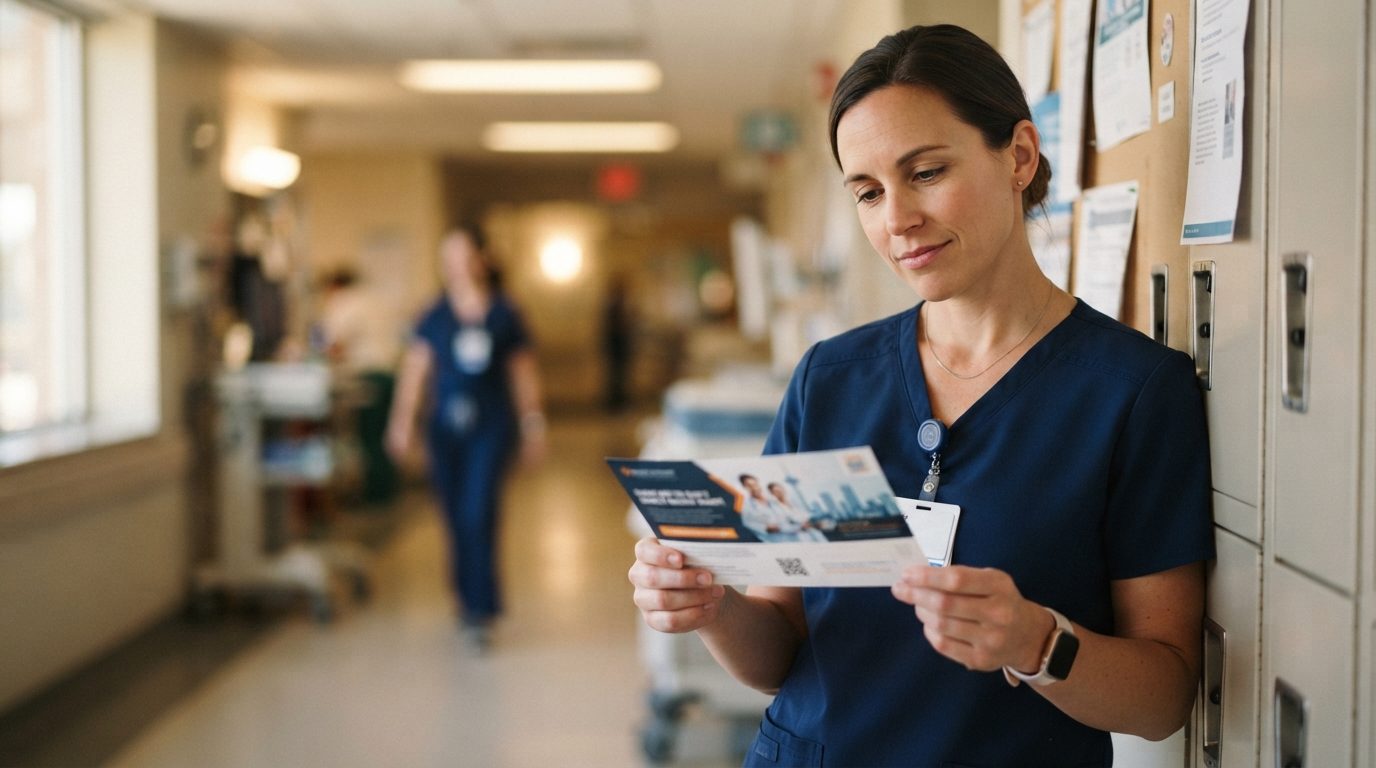 A healthcare worker in dark blue scrubs reads a printed postcard in a hospital corridor, with lockers and blurred staff in the background.