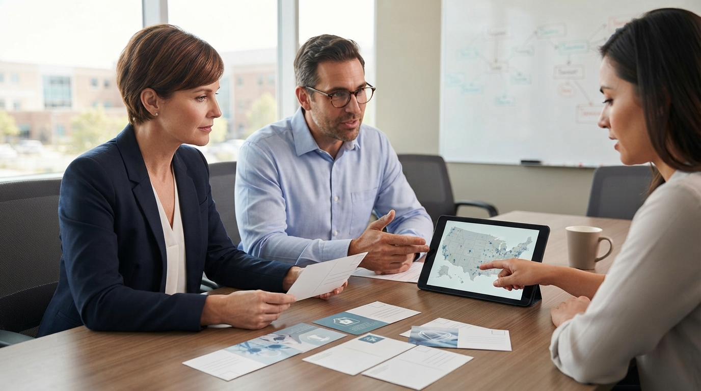Three colleagues talk around a meeting room table spread with blank postcards, one pointing at a tablet showing a map of the United States dotted with markers.