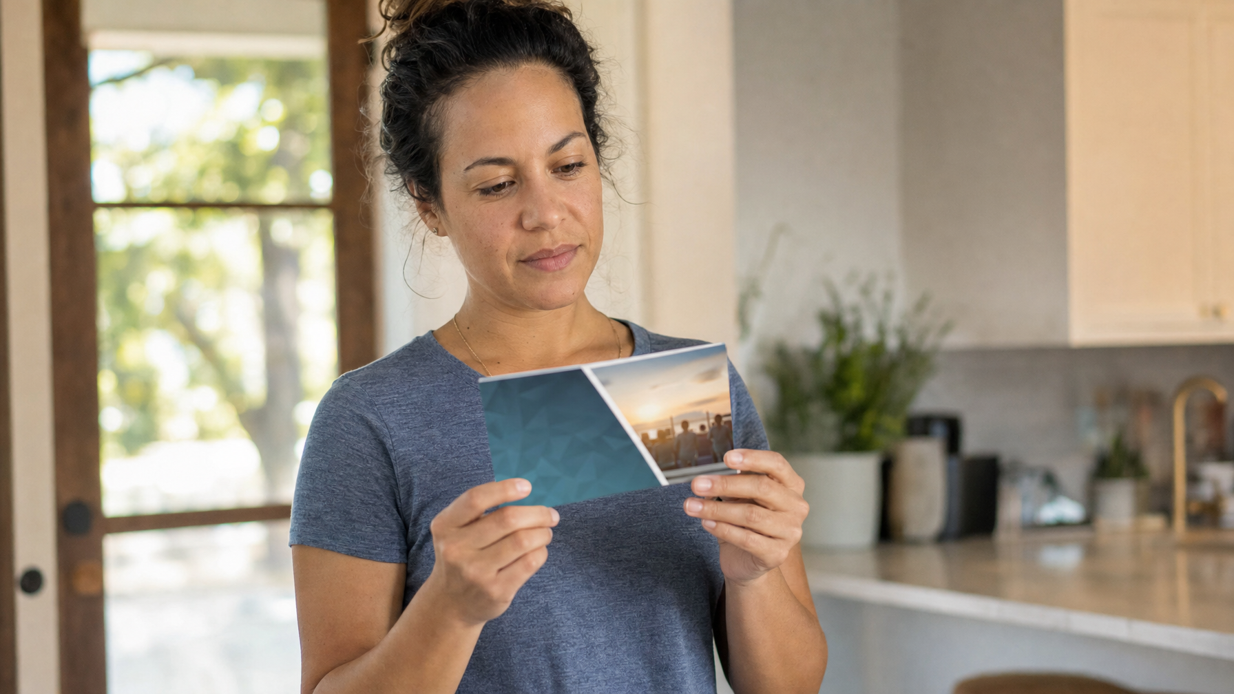 A person reads an illustrated brochure while standing in a bright home kitchen.
