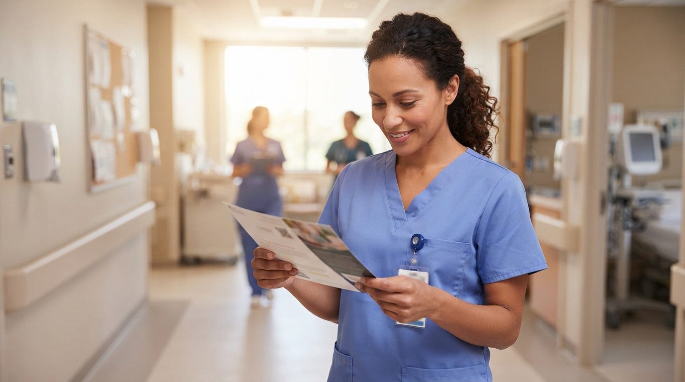 A healthcare worker in blue scrubs reads a brochure in a bright hospital corridor, with two other people in scrubs in the background.