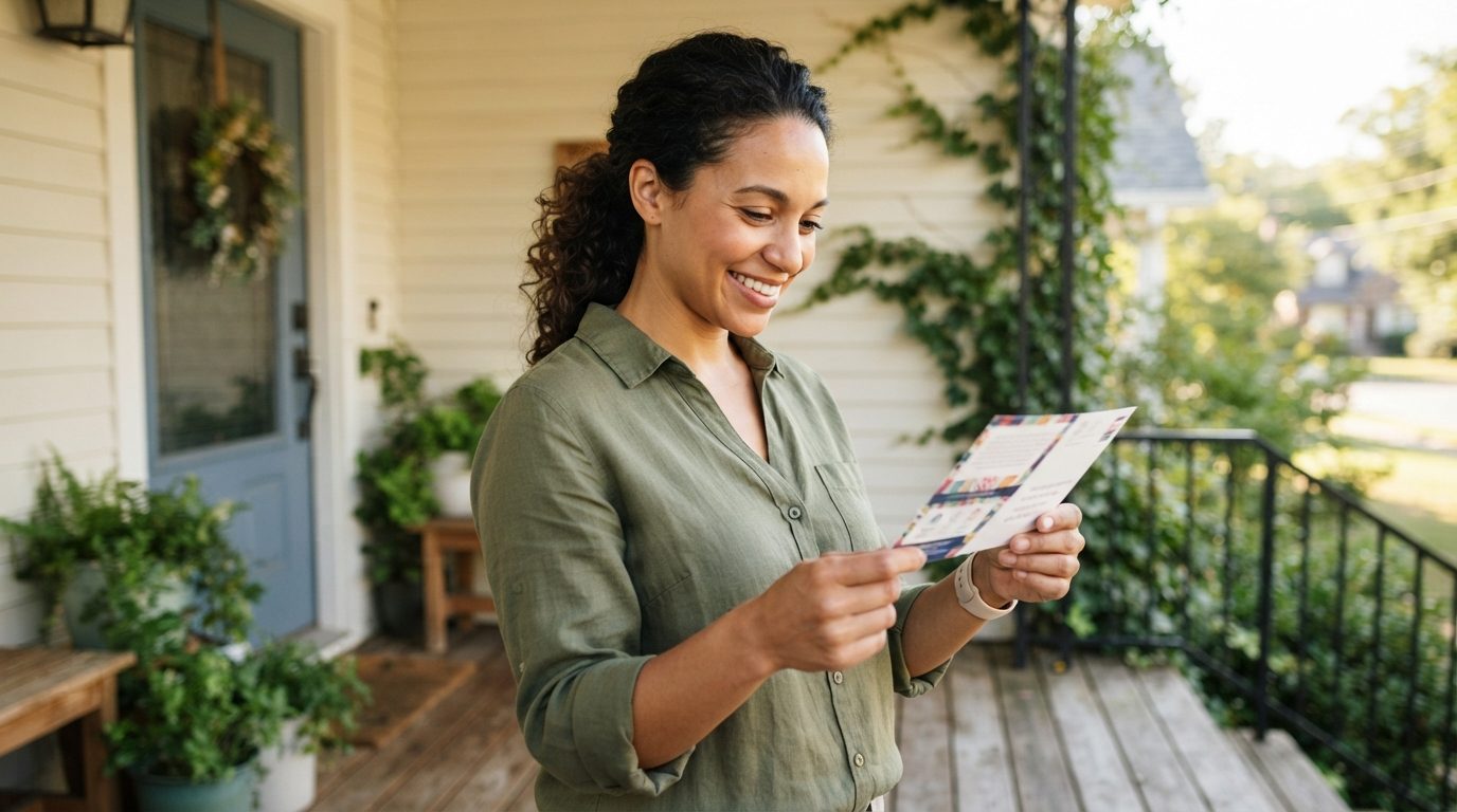 A woman reads a postcard on the porch of a house.
