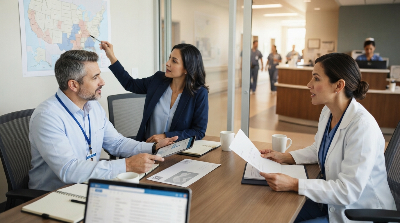 Three colleagues meet in a glass walled room beside a hospital corridor, one pointing at a wall map of the United States while another holds a tablet and a third reviews printed pages.