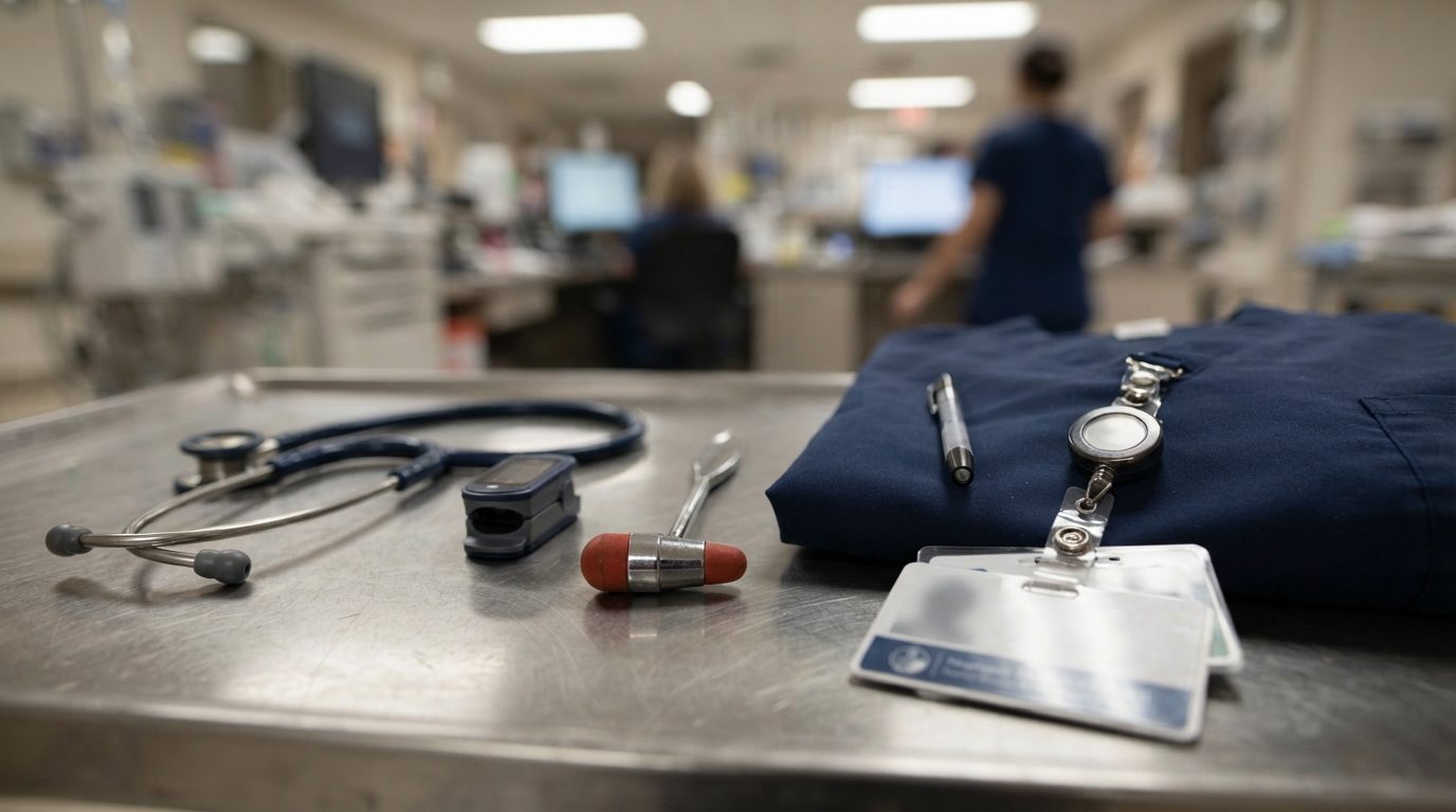 Medical instruments, a stethoscope, and an ID badge rest on a metal cart in a hospital clinical workstation, with people and monitors blurred in the background.