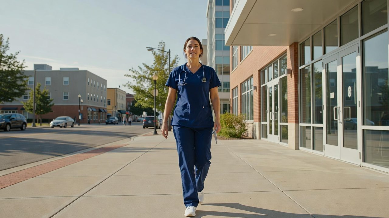 A person in blue medical scrubs and a stethoscope walks toward the camera along a sidewalk beside a brick-and-glass building.