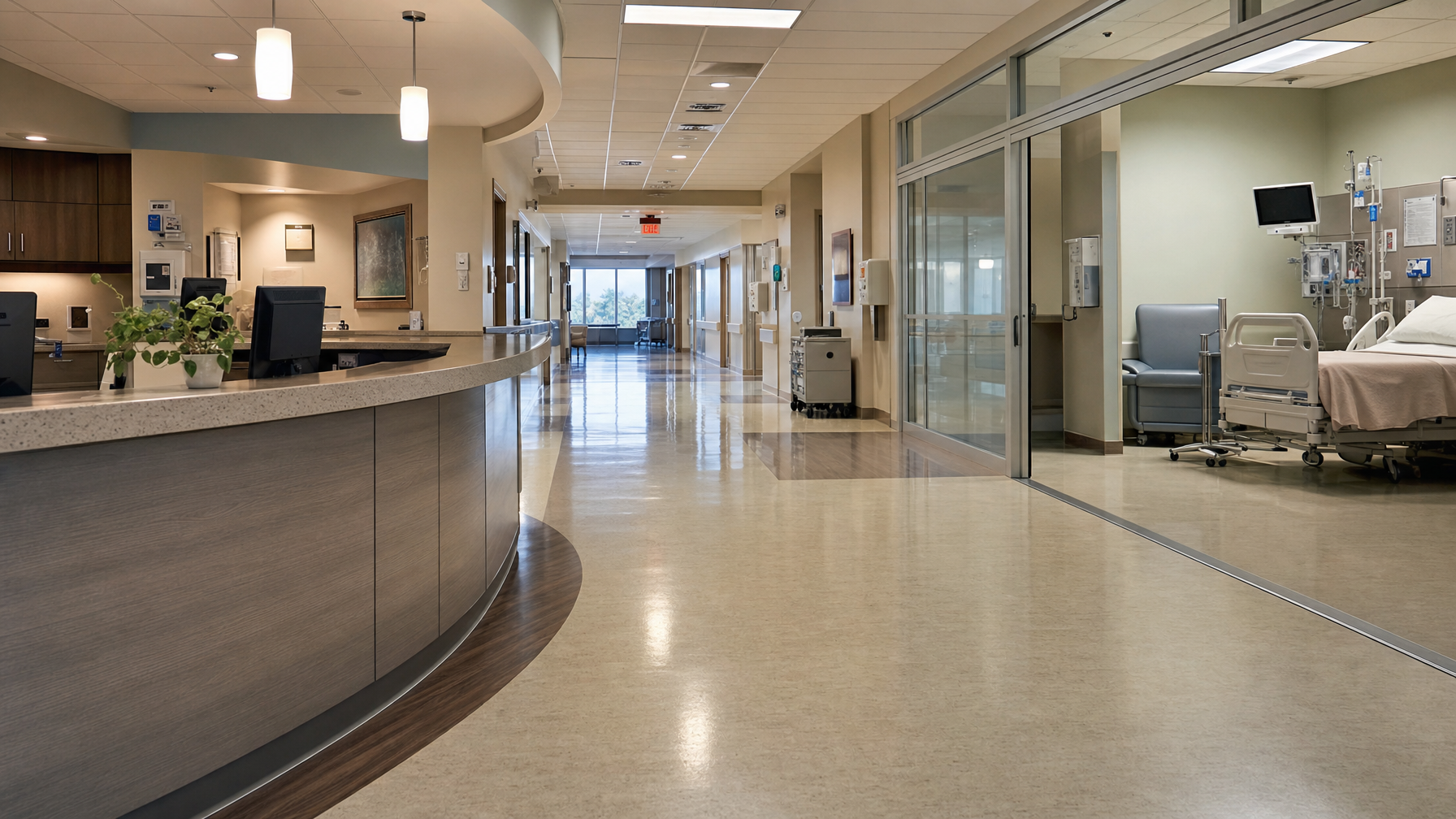 A hospital reception desk faces a polished corridor, with a patient bed and medical equipment visible through glass doors on the right.