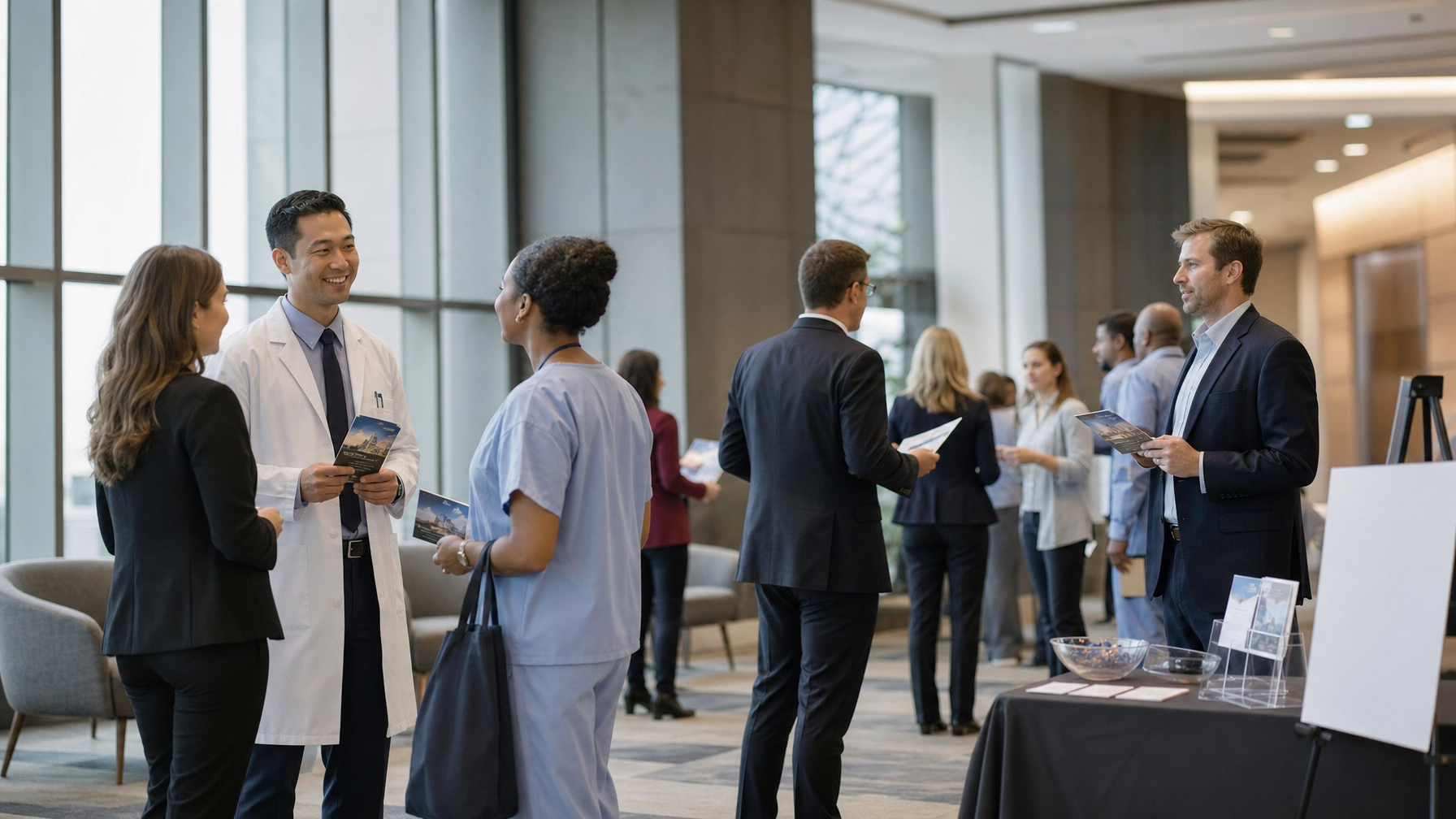 A physician in a white coat and a person in scrubs converse with attendees holding brochures in a bright lobby during a professional networking event.