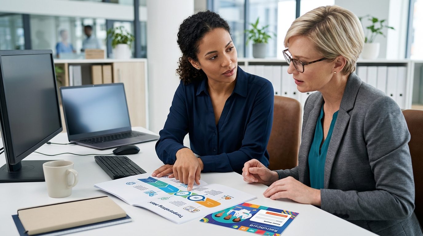 Two office workers review a colorful printed flowchart at a desk with computers, a keyboard, and a coffee mug in a bright office.