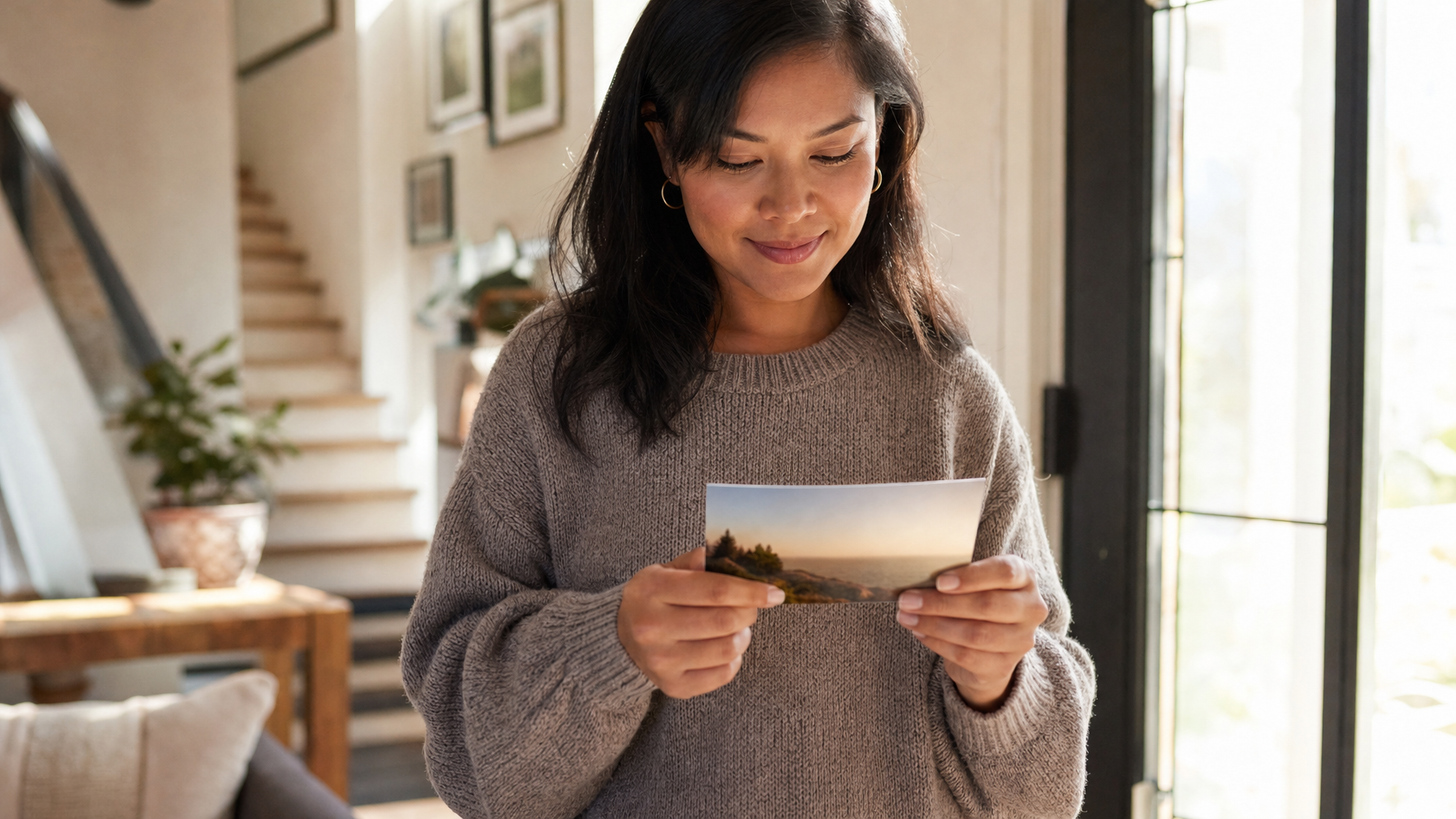 A person in a knitted sweater holds a landscape postcard in a sunlit home near a staircase and tall windows.